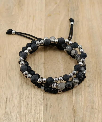 3-Piece Black, Gray and Metall Gemstone Bracelet Set