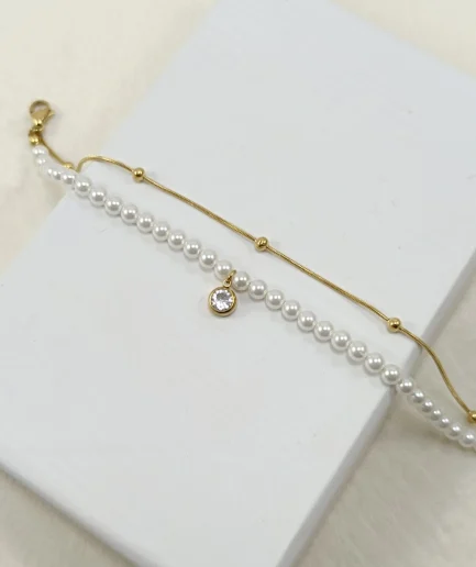 Double-Stranded Pearl Bracelet with Crystal Charm